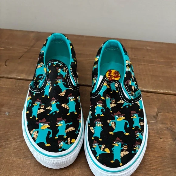 Vans Kids Slip-On Sneakers Phineas and Ferb Teal Size  1.5 - Picture 2 of 5